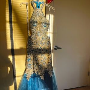 BLUSH Dark Teal Blue & Gold Prom Dress , Size 4